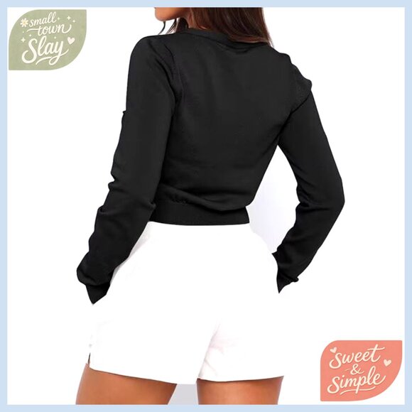 Cropped Long Sleeve Cardigan Open Front Button Down V Neck Sweater - Picture 3 of 7